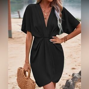 Twist Front Batwing Sleeve Black Dress XL